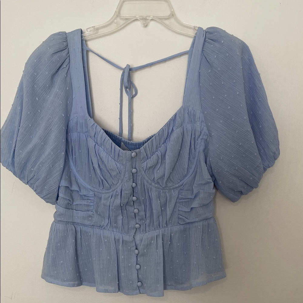 ASTR Periwinkle Puff-Sleeve Swiss Dot Corset Blouse size Large NWT